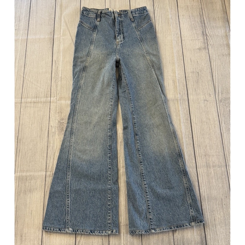 We the Free Curvy Wild Honey Wide‎ Leg Jeans Women's 26 Blue Raw Hem High Waist